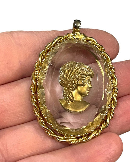 Vintage Cameo Reverse Intaglio Glass Pendant 1960s gold finish