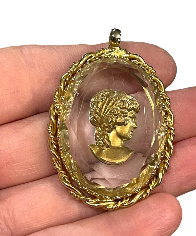 Vintage Cameo Reverse Intaglio Glass Pendant 1960s gold finish