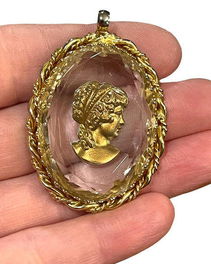 Vintage Cameo Reverse Intaglio Glass Pendant 1960s gold finish
