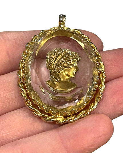 Vintage Cameo Reverse Intaglio Glass Pendant 1960s gold finish