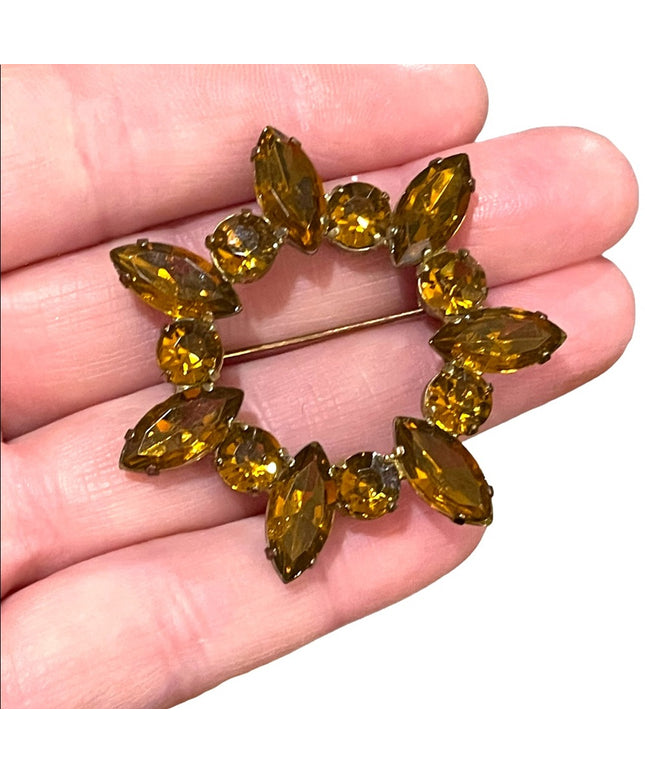Vintage 1950s Amber crystal brown starburst brooch