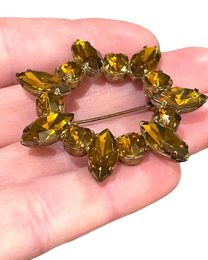Vintage 1950s Amber crystal brown starburst brooch