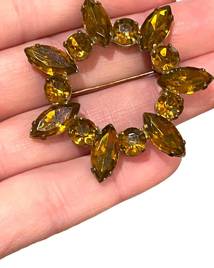 Vintage 1950s Amber crystal brown starburst brooch
