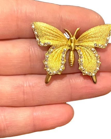 Vintage gold finish crystal Butterfy fancy textured brooch Butler FAC