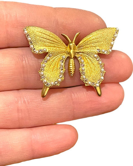 Vintage gold finish crystal Butterfy fancy textured brooch Butler FAC