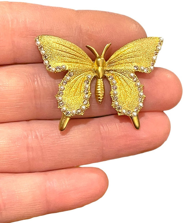 Vintage gold finish crystal Butterfy fancy textured brooch Butler FAC