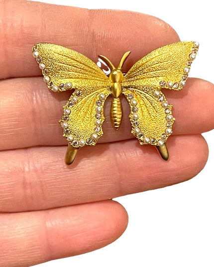 Vintage gold finish crystal Butterfy fancy textured brooch Butler FAC