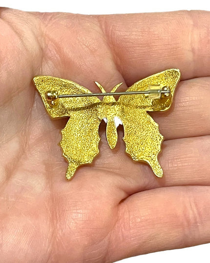Vintage gold finish crystal Butterfy fancy textured brooch Butler FAC