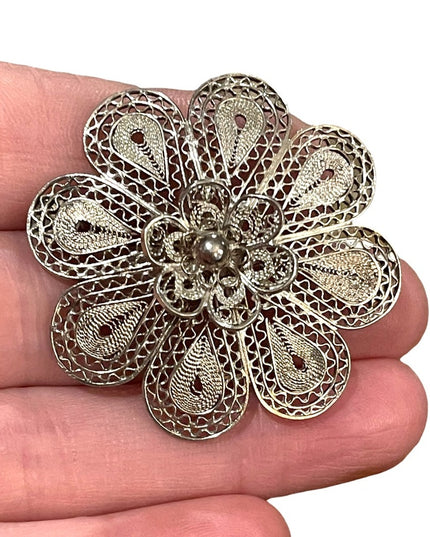 Vintage 1960s Silver filagree stunning large flower brooch chinese export