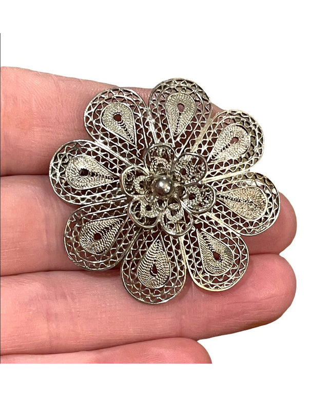 Vintage 1960s Silver filagree stunning large flower brooch chinese export