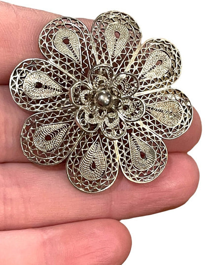 Vintage 1960s Silver filagree stunning large flower brooch chinese export