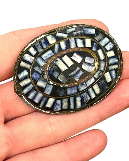 Vintage Brass INDIA shell inlay fancy oval large chunky statement brooch