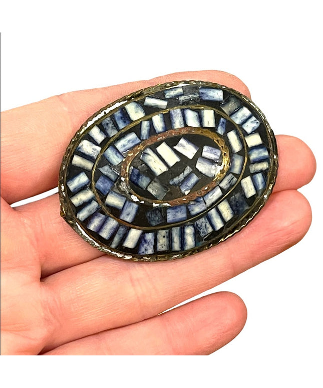 Vintage Brass INDIA shell inlay fancy oval large chunky statement brooch