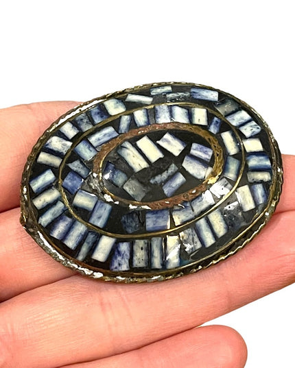 Vintage Brass INDIA shell inlay fancy oval large chunky statement brooch