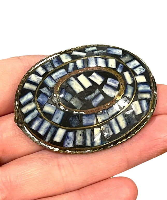 Vintage Brass INDIA shell inlay fancy oval large chunky statement brooch