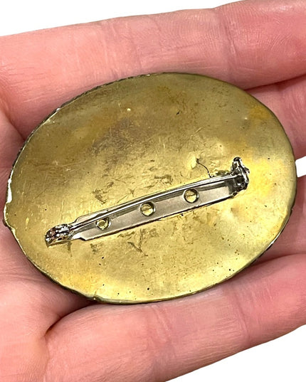 Vintage Brass INDIA shell inlay fancy oval large chunky statement brooch