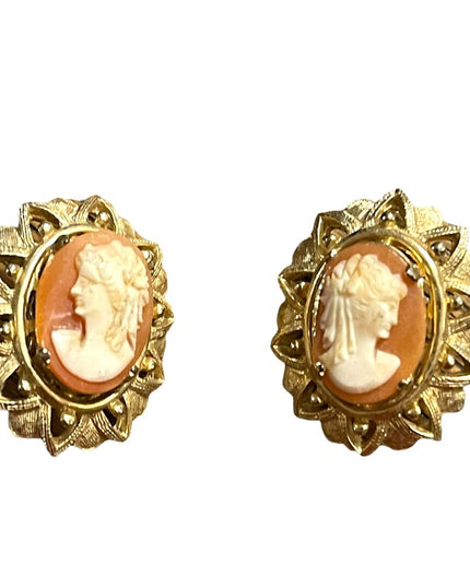 Vintage 1960s Fancy ornate gold finish resin cameo clip on earrings