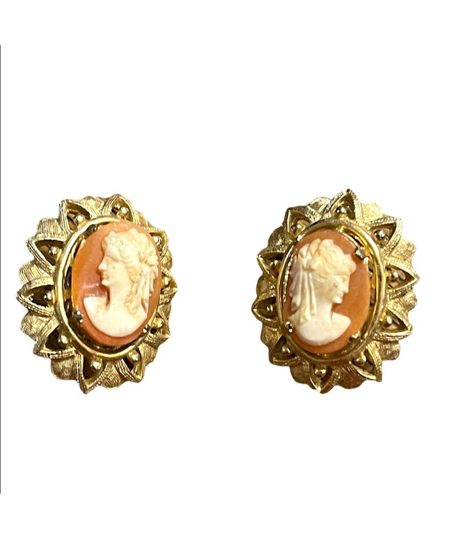 Vintage 1960s Fancy ornate gold finish resin cameo clip on earrings