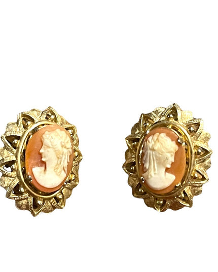 Vintage 1960s Fancy ornate gold finish resin cameo clip on earrings