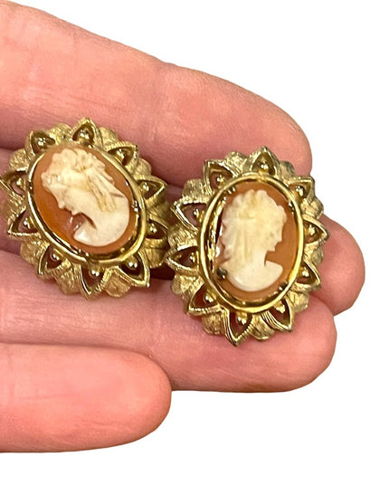 Vintage 1960s Fancy ornate gold finish resin cameo clip on earrings