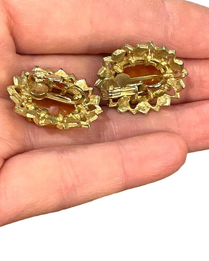 Vintage 1960s Fancy ornate gold finish resin cameo clip on earrings