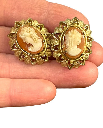 Vintage 1960s Fancy ornate gold finish resin cameo clip on earrings