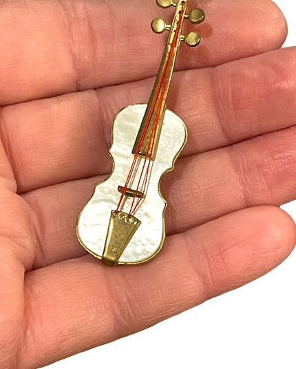 Violin Brooch Vintage West Germany Gold Tone and Mother of Pearl