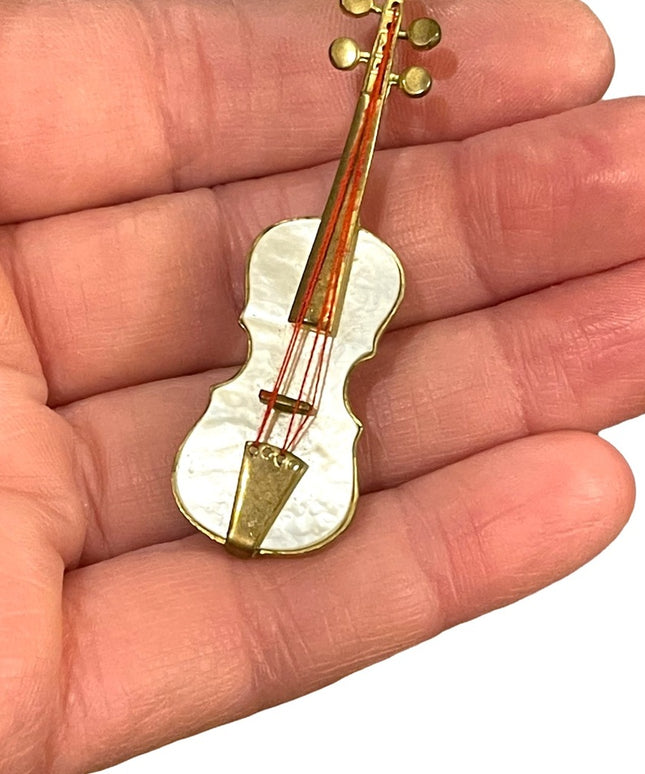 Violin Brooch Vintage West Germany Gold Tone and Mother of Pearl