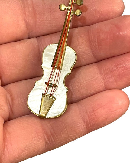 Violin Brooch Vintage West Germany Gold Tone and Mother of Pearl