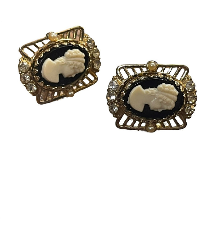 Vintage 1960s Coro Screw back crystal gold finish cameo earrings