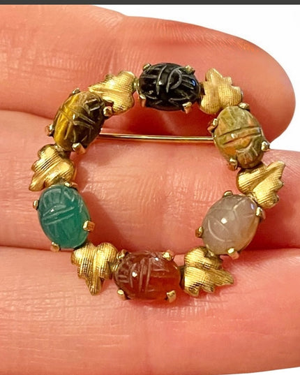 Vintage 12k GF fold filled scarab leaf real stone brooch