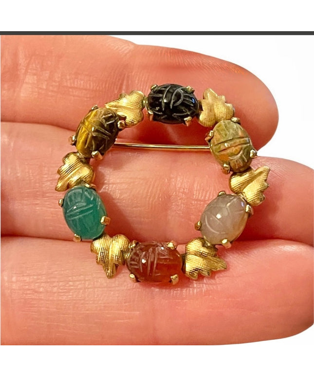 Vintage 12k GF fold filled scarab leaf real stone brooch