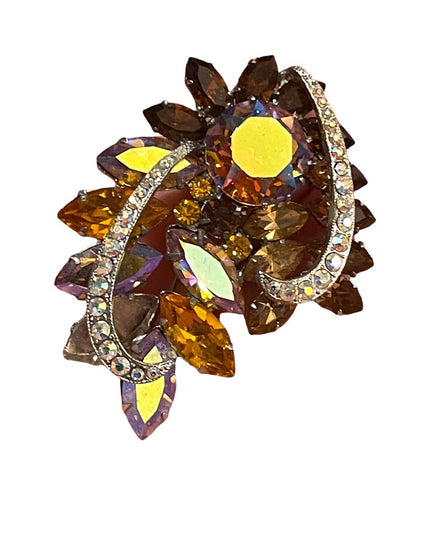 Stunning vintage crystal amber AB brooch fancy flower