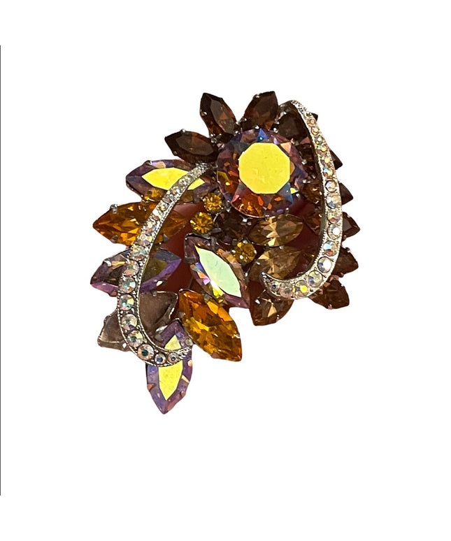 Stunning vintage crystal amber AB brooch fancy flower