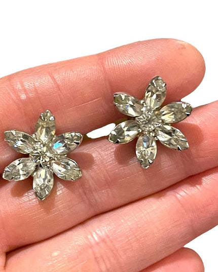 Vintage 1960s silver finish  Bell Crystal sparkle flower screwback earrings