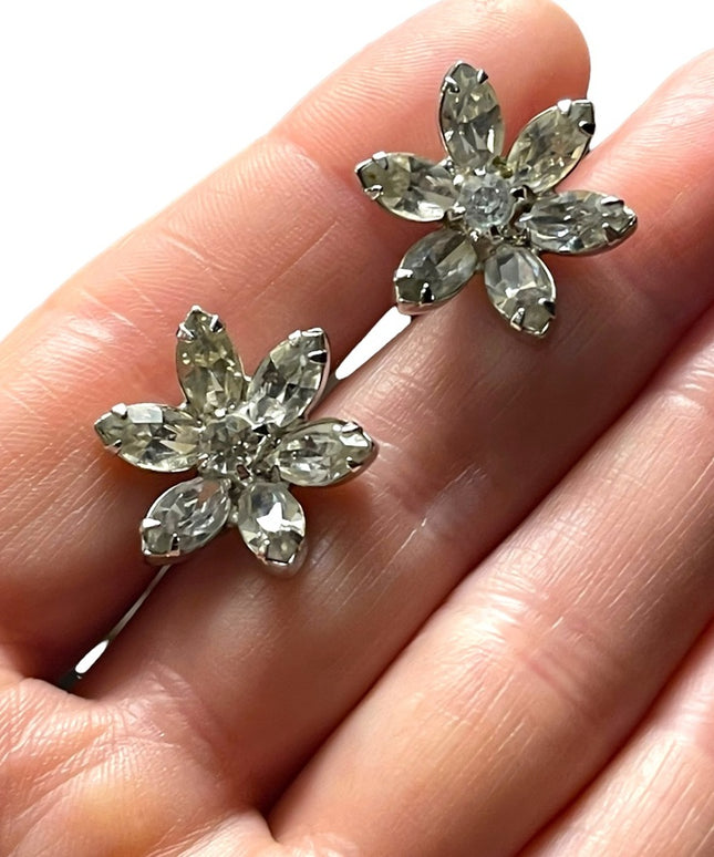 Vintage 1960s silver finish  Bell Crystal sparkle flower screwback earrings