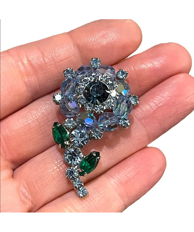 Vintage blue rhinestones & crystal flower brooch 1960s Juliana