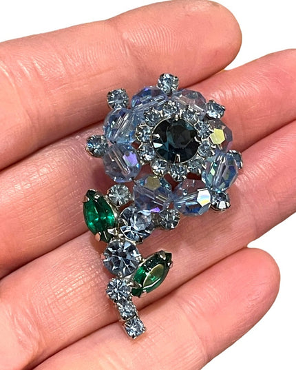 Vintage blue rhinestones & crystal flower brooch 1960s Juliana