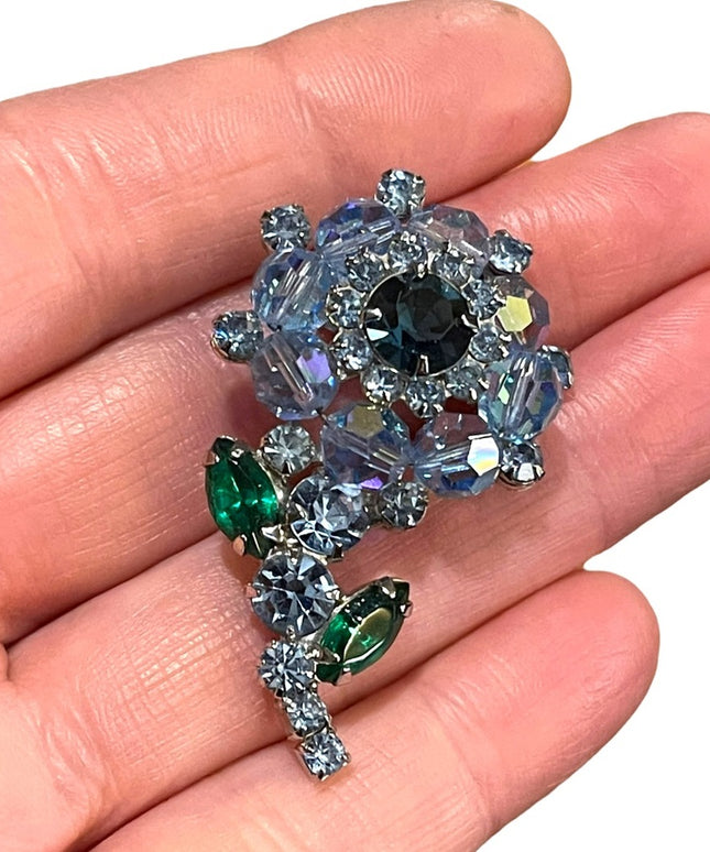 Vintage blue rhinestones & crystal flower brooch 1960s Juliana