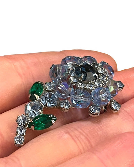 Vintage blue rhinestones & crystal flower brooch 1960s Juliana