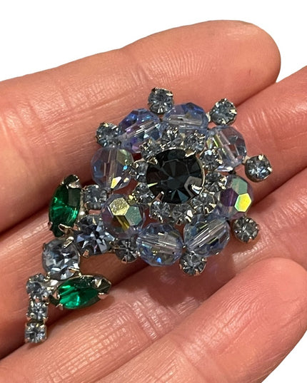 Vintage blue rhinestones & crystal flower brooch 1960s Juliana