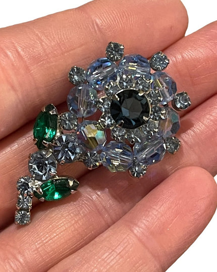 Vintage blue rhinestones & crystal flower brooch 1960s Juliana