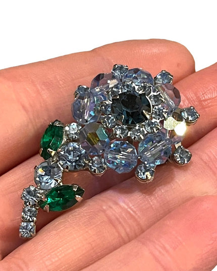 Vintage blue rhinestones & crystal flower brooch 1960s Juliana