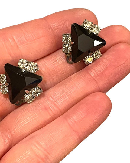 Vintage Art Deco style black crystal rhinestone clip on earrings