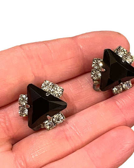 Vintage Art Deco style black crystal rhinestone clip on earrings