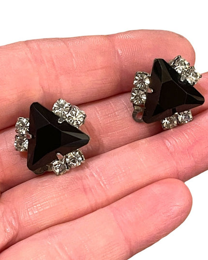 Vintage Art Deco style black crystal rhinestone clip on earrings