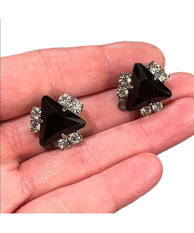 Vintage Art Deco style black crystal rhinestone clip on earrings