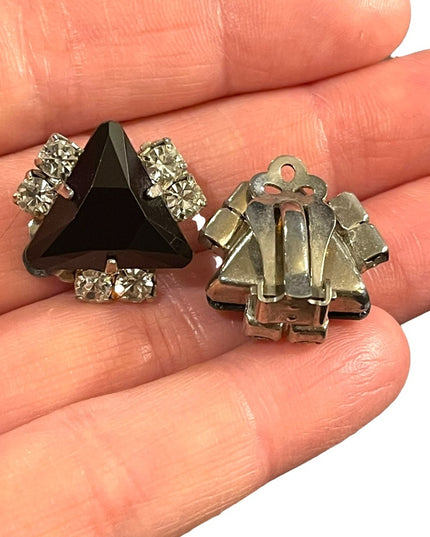 Vintage Art Deco style black crystal rhinestone clip on earrings