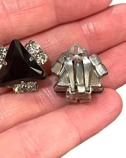 Vintage Art Deco style black crystal rhinestone clip on earrings