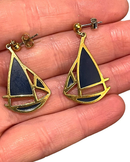 Beautiful blue enamel gold finish Vintage Sailboat earrings 1” Nautical